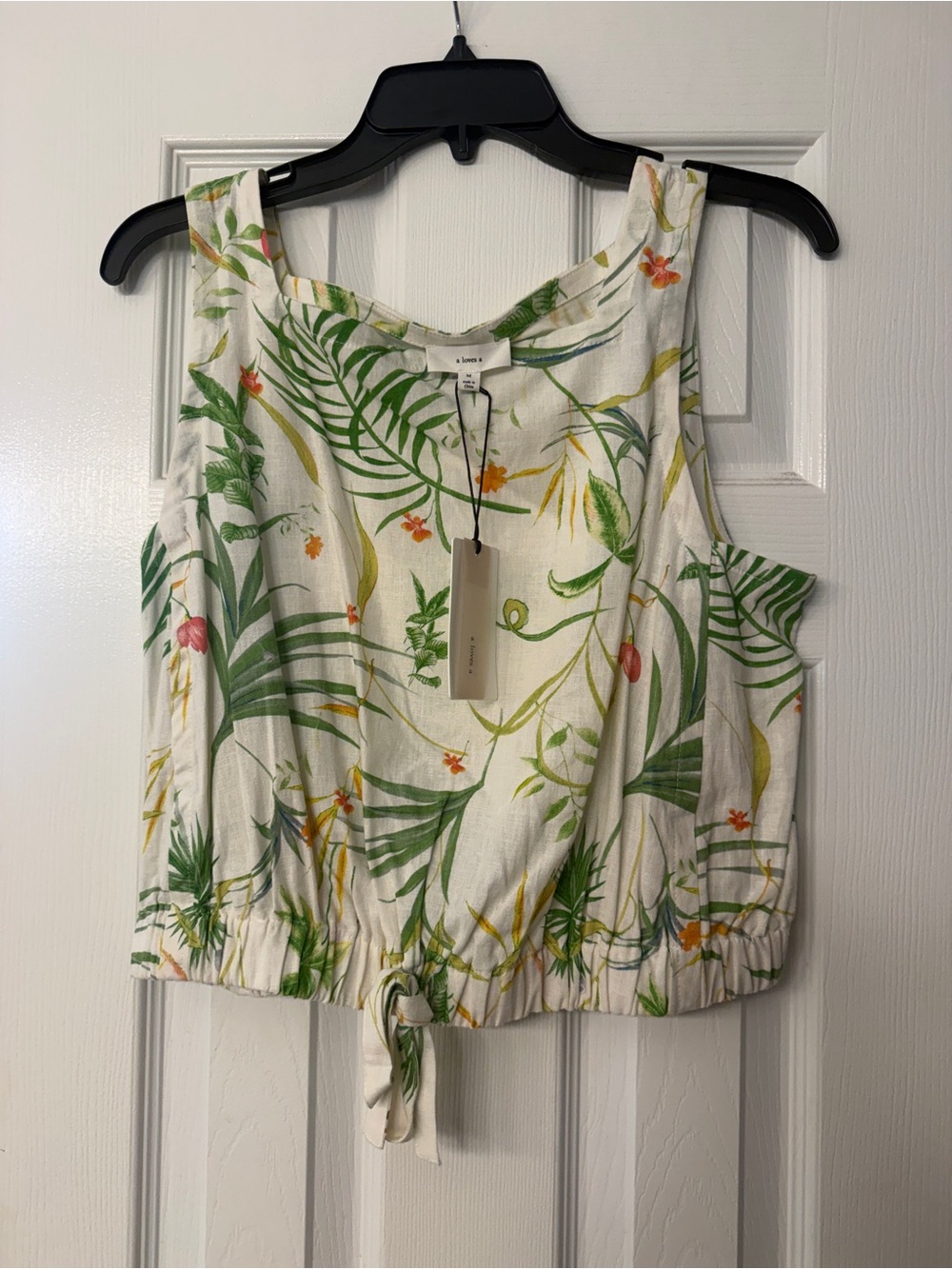 Sleeveless Tropical Tie-Hem Tank Top - White/Green